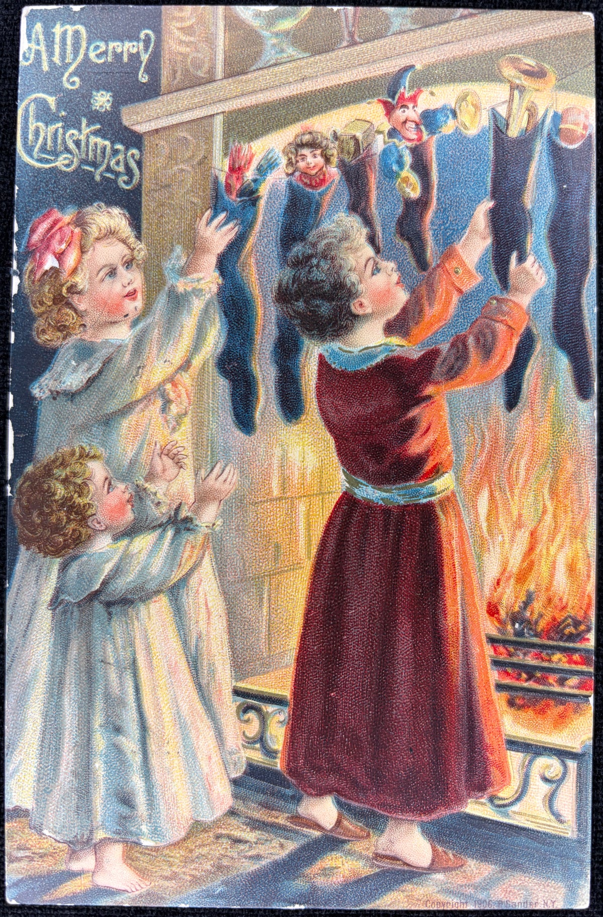 Pre-1910 Stocking by the Fire Embossed Christmas Postcard - Vintage Postcard