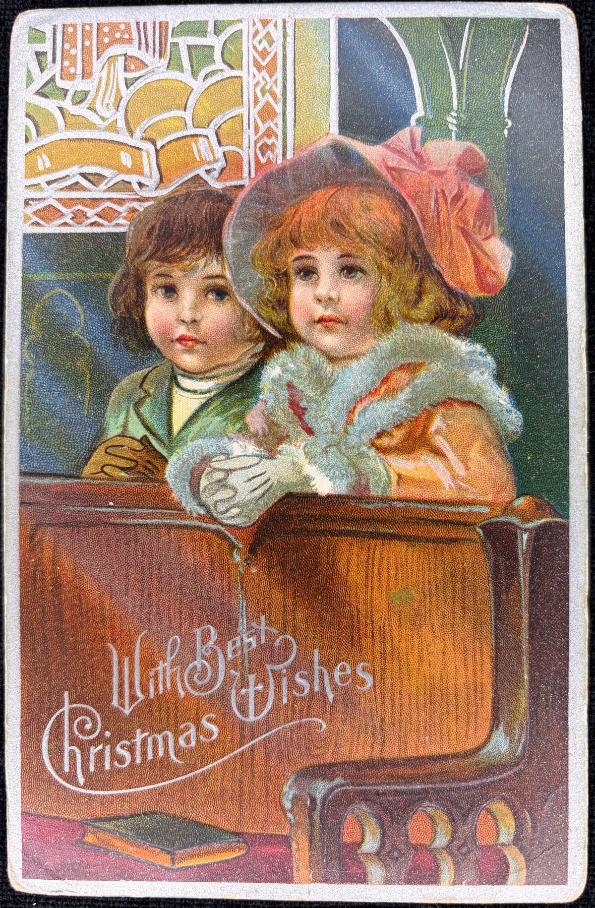 Pre-1910 Gilded and Embossed Children in Church Christmas Postcard - Vintage Postcard