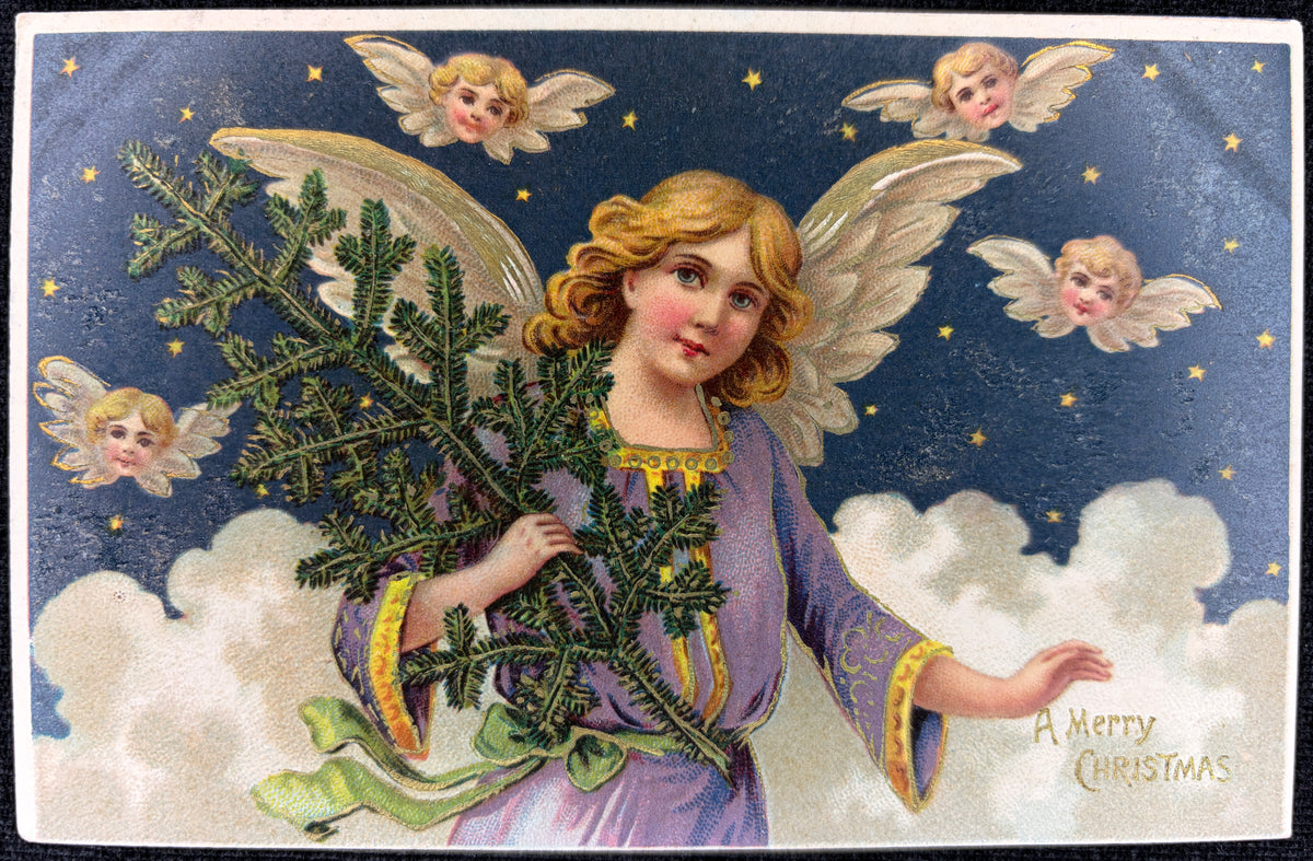 1910 Embossed and Gilded Angel with Christmas Tree and Angels - Vintage Postcard