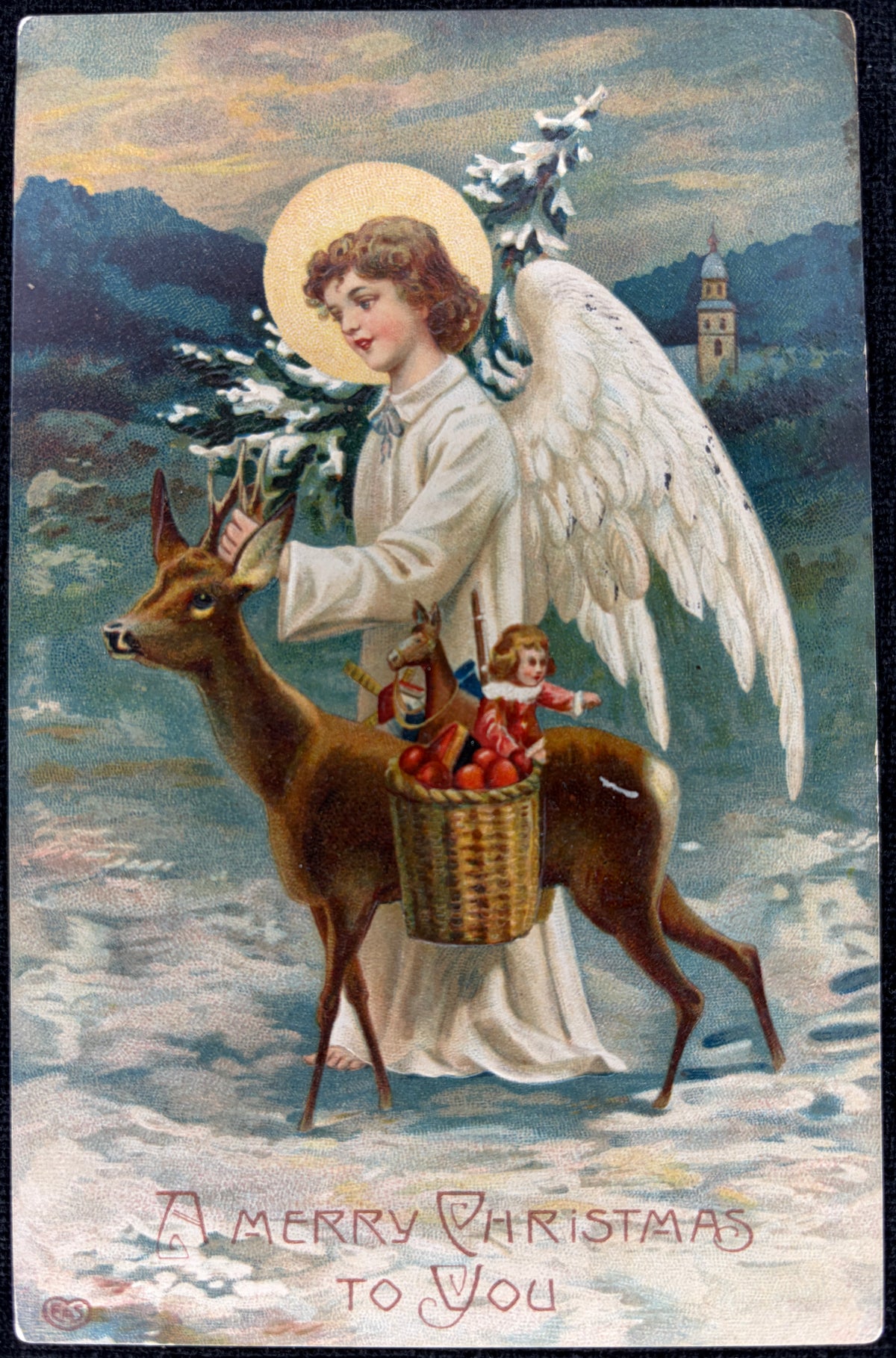 Pre-1910 Angel and Deer Loaded Up with Christmas Toys - Vintage Postcard