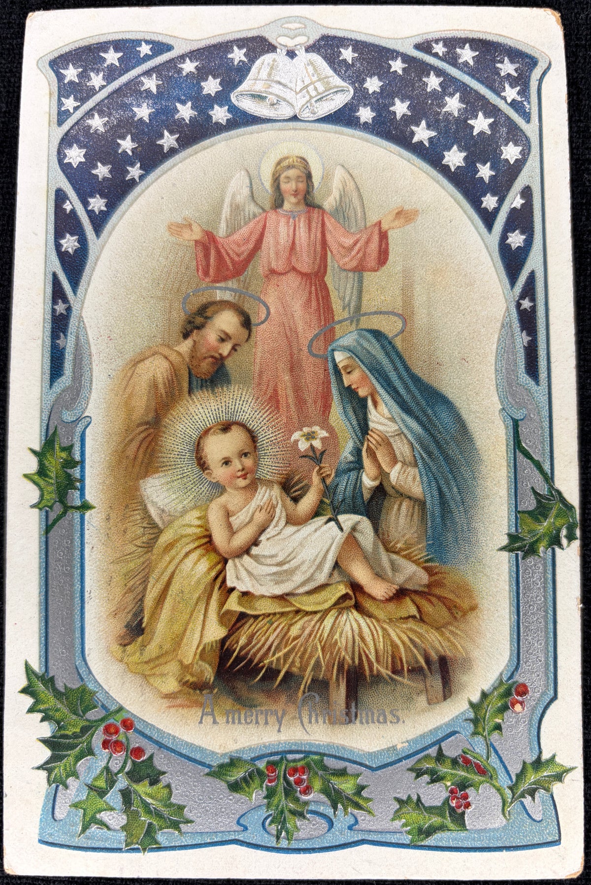 Christmas Nativity Scene with Angel, Embossed and Gilded - Vintage Postcard