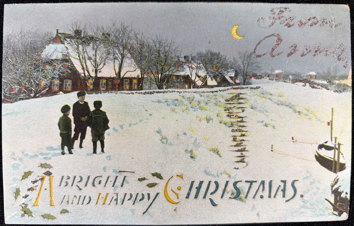 1908 Hold-to-Light Christmas Postcard with Three Boys - Vintage Postcard