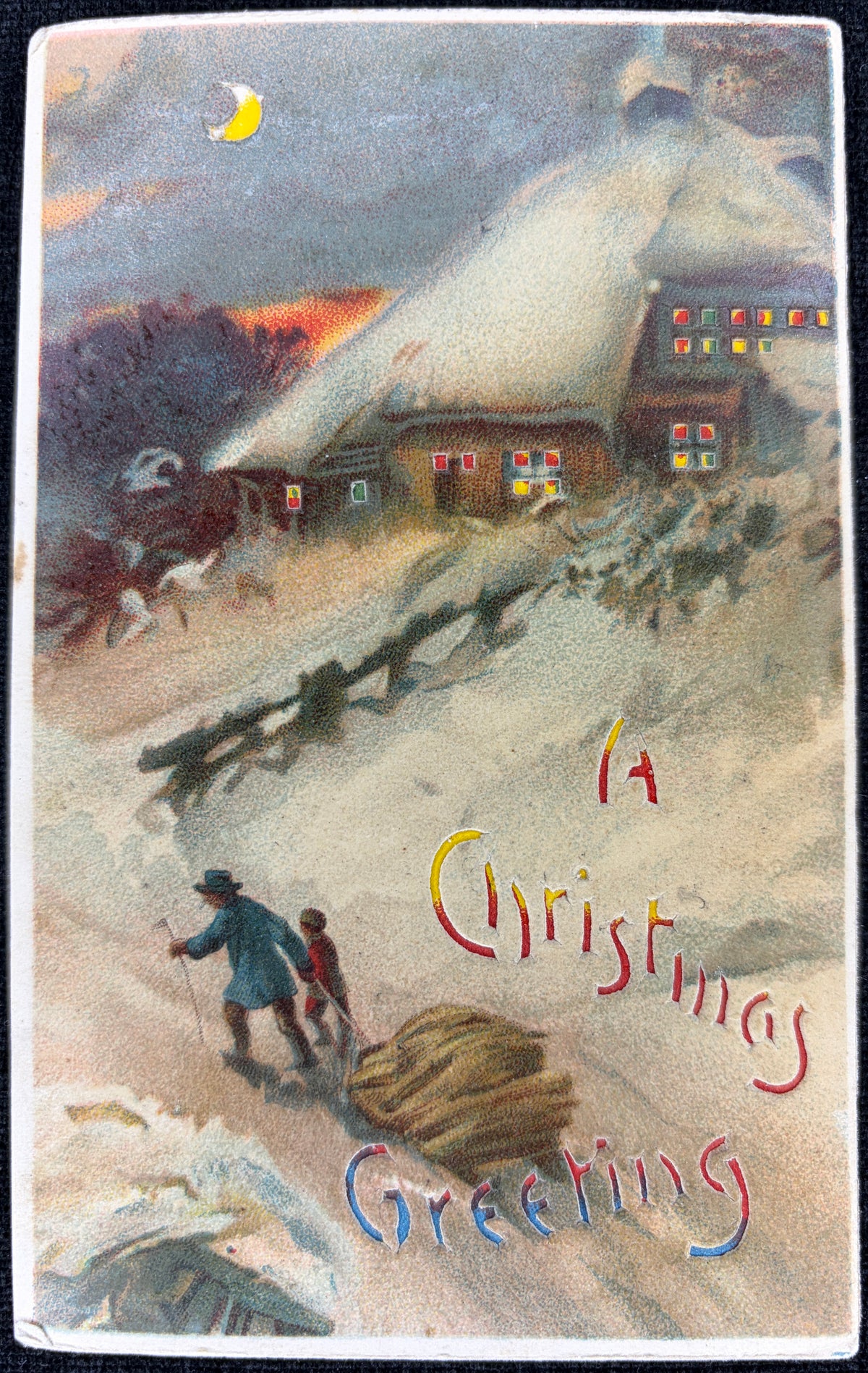 1908 Hold-to-Light Christmas Postcard with Sled - Vintage Postcard