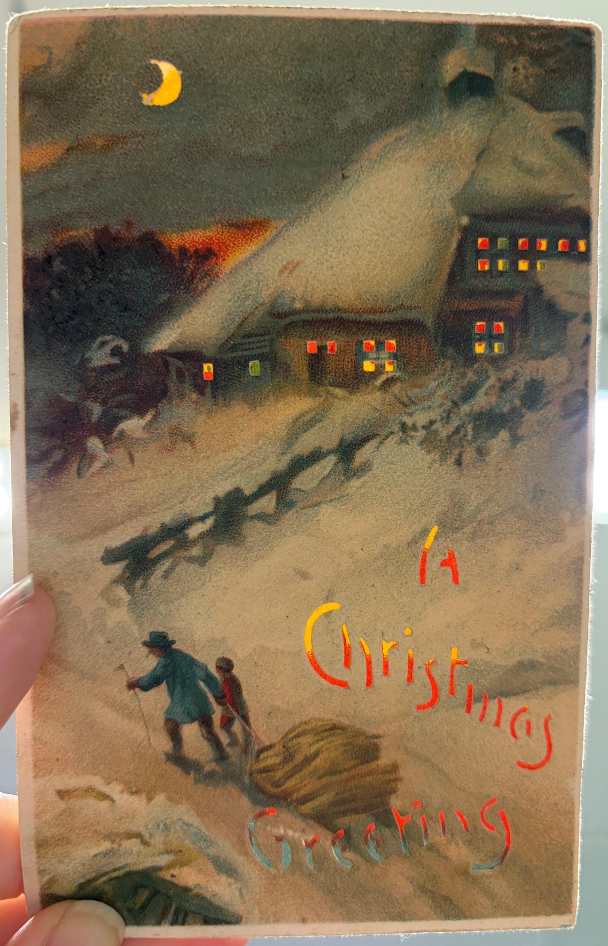 1908 Hold-to-Light Christmas Postcard with Sled - Vintage Postcard