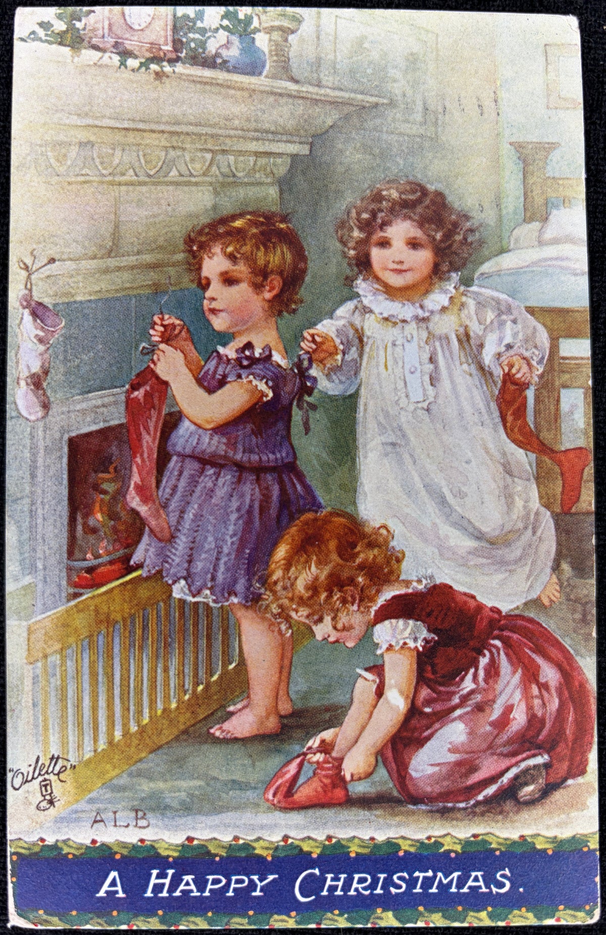 Pre-1910 Little Girls Hanging Christmas Stockings - Vintage Postcard