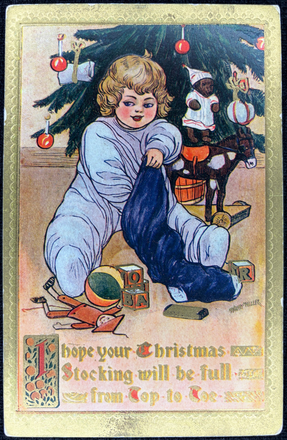 Child Going Through Christmas Stocking - Vintage Postcard
