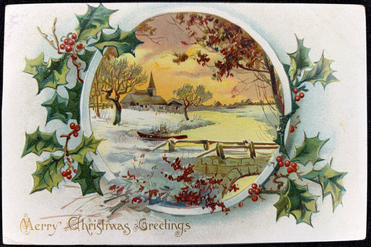 Christmas Greeting with Snowy Bridge and Church Scene - Vintage Postcard