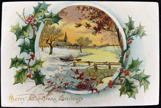 Christmas Greeting with Snowy Bridge and Church Scene | Christmas Postcard