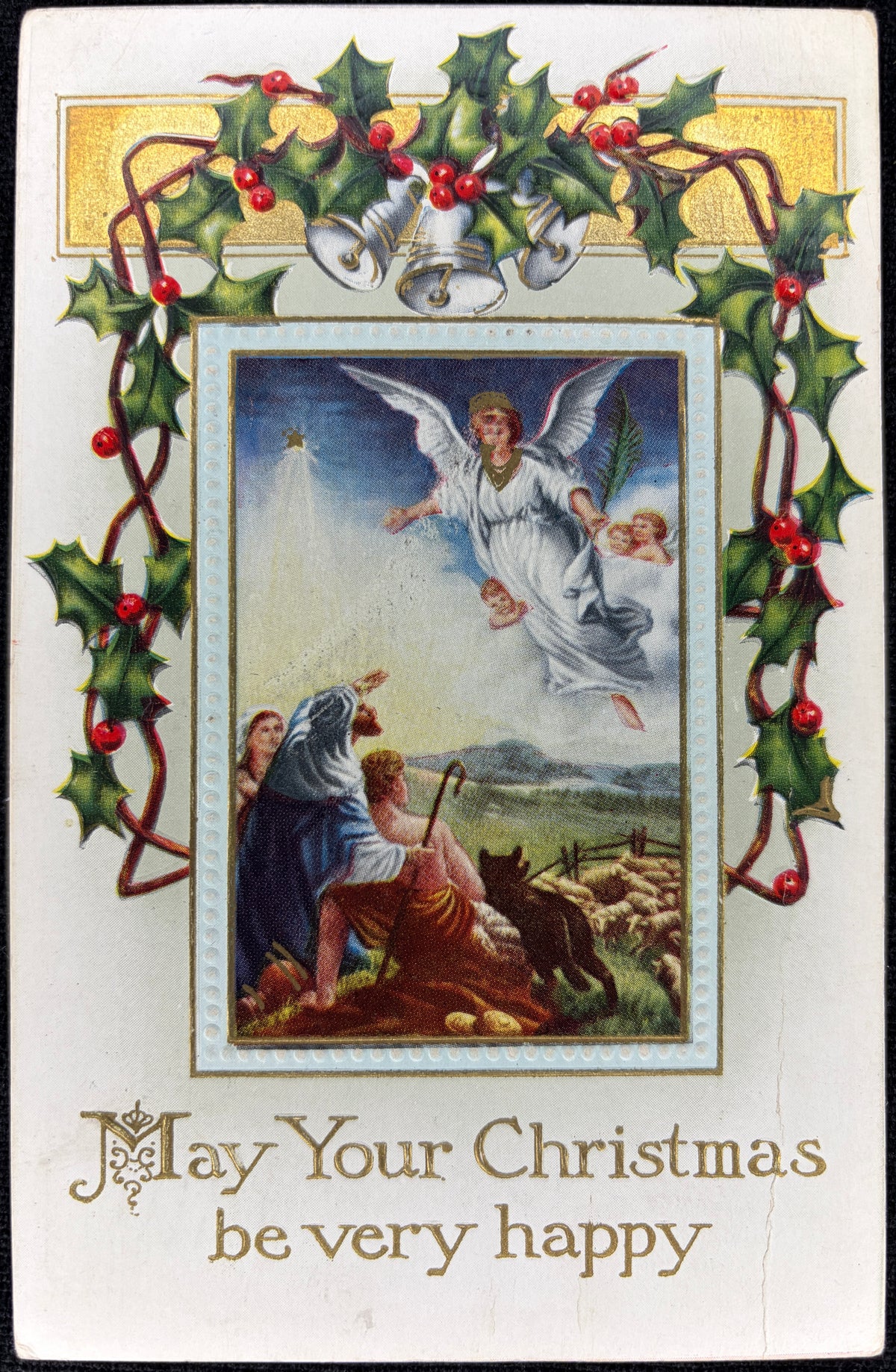 Gilded and Embossed Christmas Angels Scene - Vintage Postcard