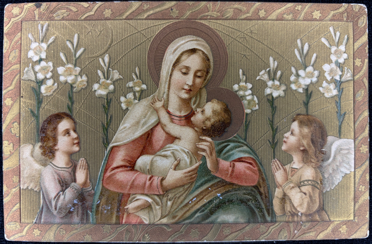Pre-1910 Blessed Mother with Baby and Angels in Front of Lillies - Vintage Postcard
