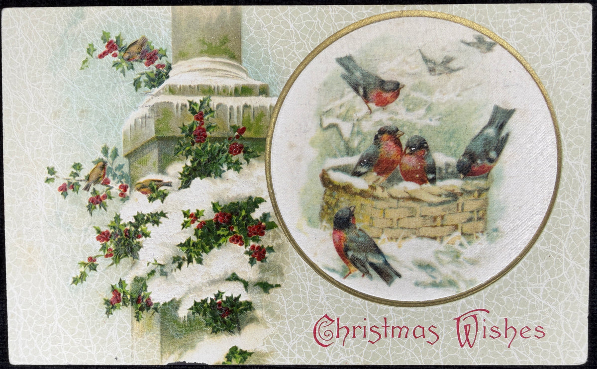Christmas Birds in a Basket - Vintage Postcard