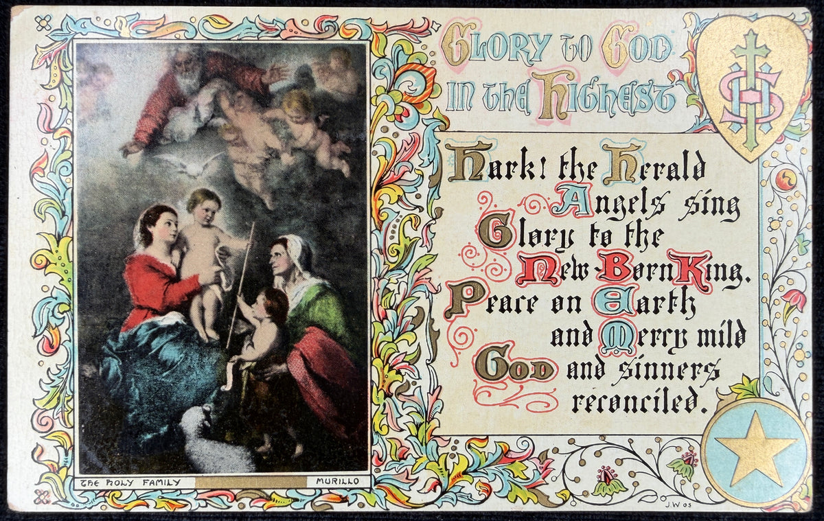 1905 Holy Family on Christmas with God and Angels Above - Vintage Postcard