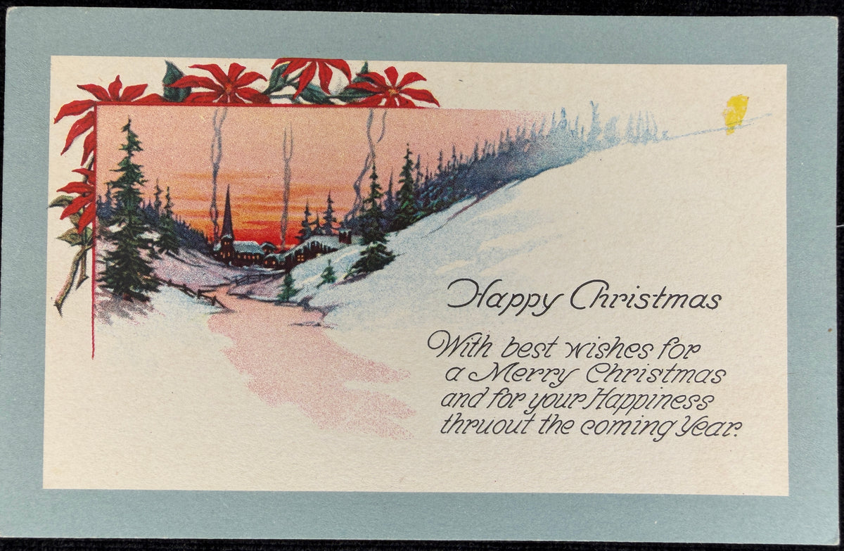 Christmas Poinsettias and Smoky Chimneys Scene - Vintage Postcard