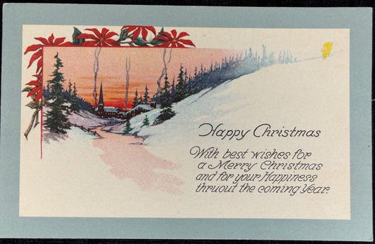 Christmas Poinsettias and Smoky Chimneys Scene - Vintage Postcard