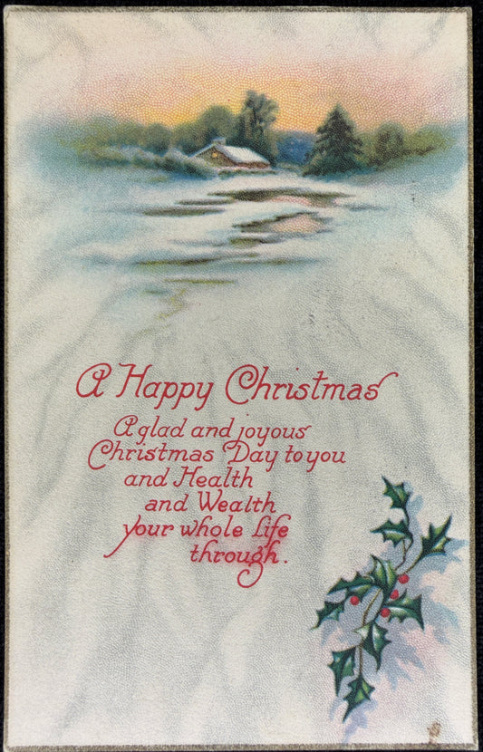 Snowy Christmas Cabin Scene with Holly - Vintage Postcard