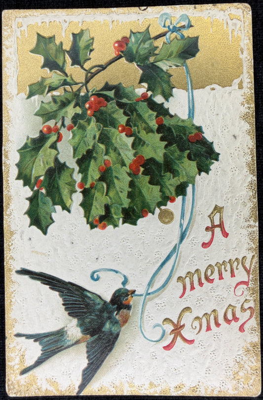 Christmas Swallow with Holly "A Merry Xmax" - Vintage Postcard