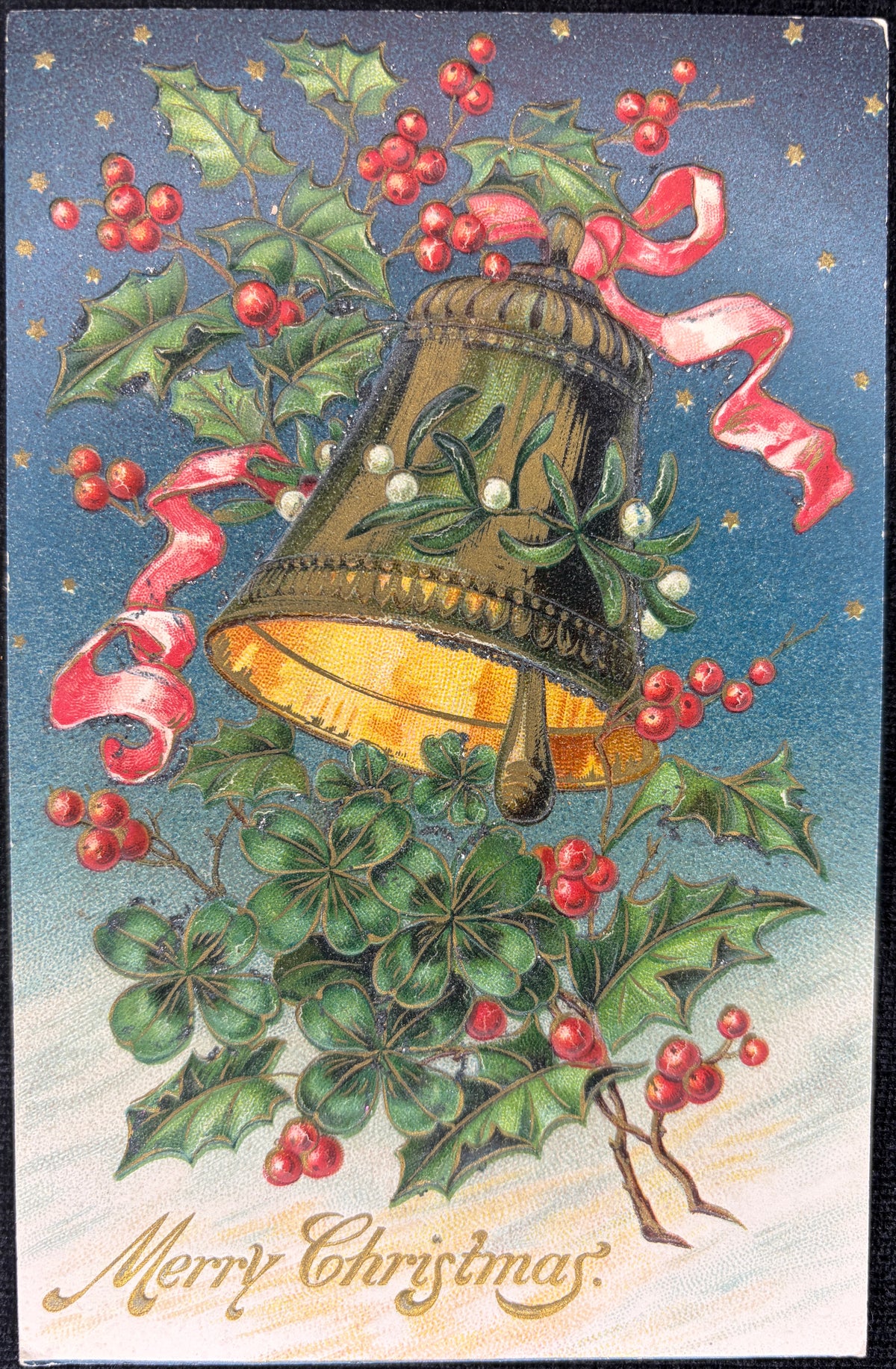 Embossed and Glittery Christmas Bell with Ribbon and Holly - Vintage Postcard
