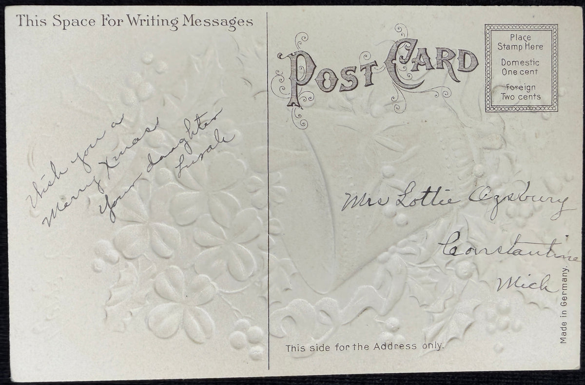 Embossed and Glittery Christmas Bell with Ribbon and Holly - Vintage Postcard