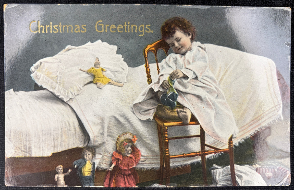Little Girl on Chair by Bed on Christmas - Vintage Postcard