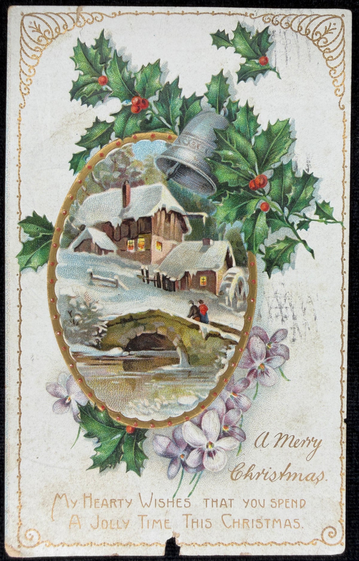 Christmas Bells and Holly with a Snowy Watermill and Bridge - Vintage Postcard