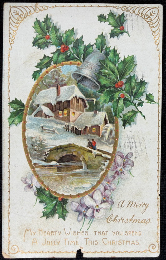 Christmas Bells and Holly with a Snowy Watermill and Bridge - Vintage Postcard