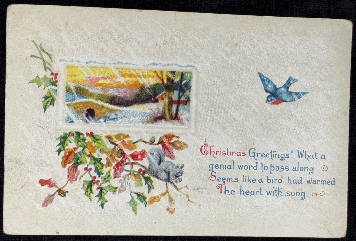 Bird and Squirrel with a Snowy Bridge Scene Christmas Greeting - Vintage Postcard