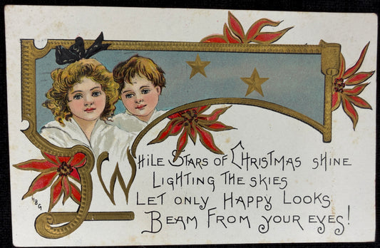 Children on a Gilded and Embossed Vintage Christmas Postcard - Vintage Postcard