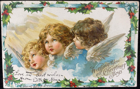1905 Christmas Angels with Holly Border - Vintage Postcard