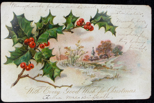 1905 Address-only Christmas Holly - Vintage Postcard