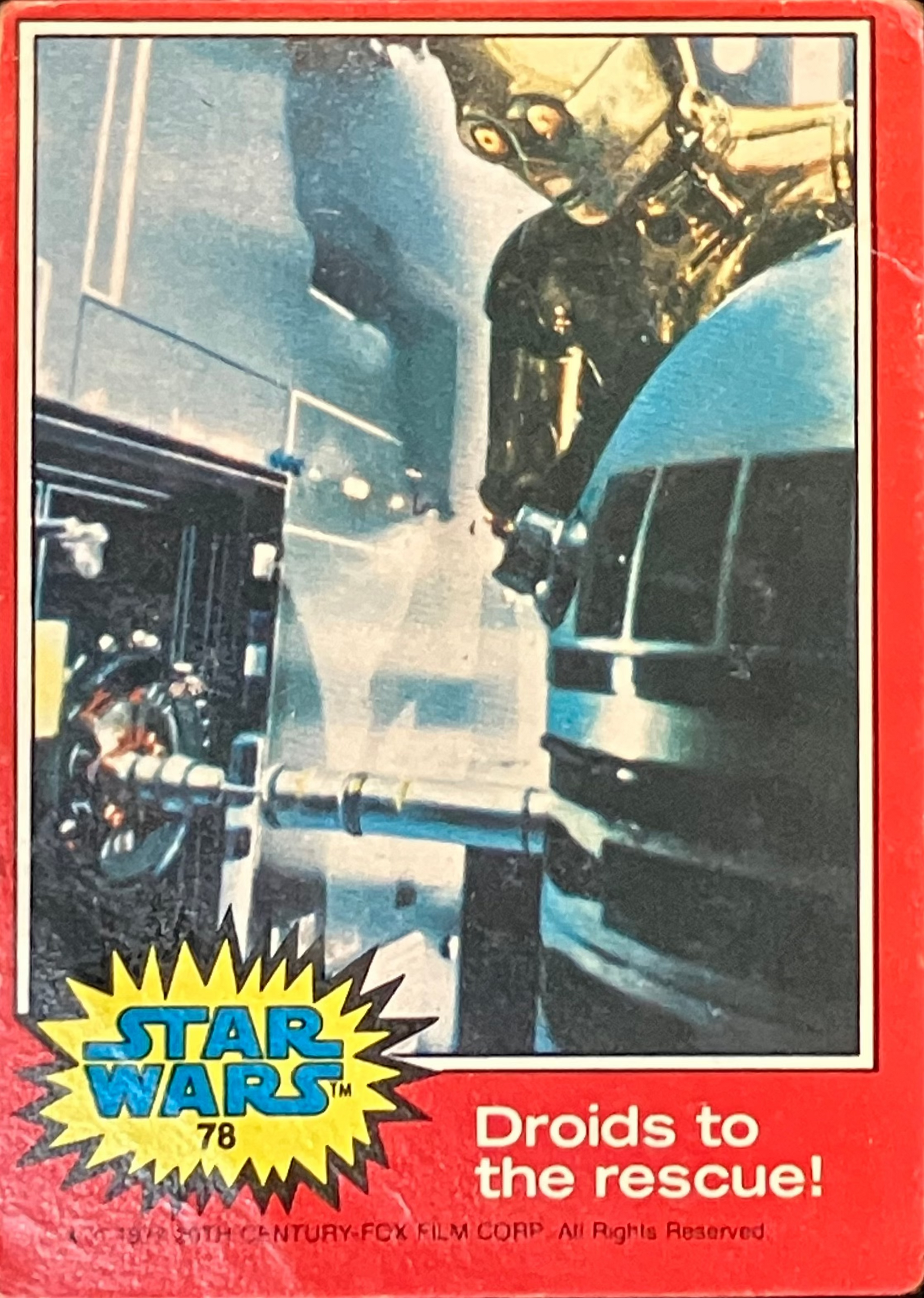 Vintage Star Wars trading card featuring C3-PO and R2-D2, with a red border and 'Star Wars' logo.