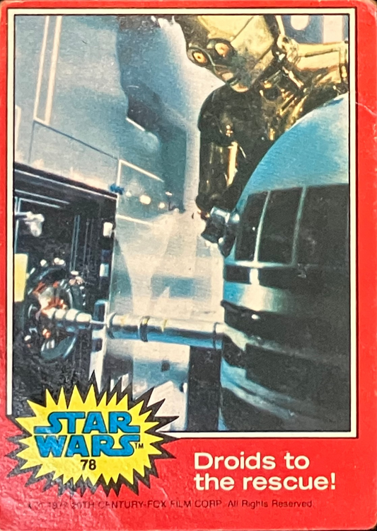 Vintage Star Wars trading card featuring C3-PO and R2-D2, with a red border and 'Star Wars' logo.