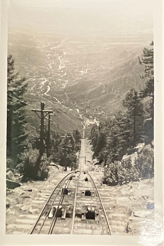A vintage black and white photograph depicting a steep mountain railway track leading down into a deep valley, surrounded by pine trees and rugged terrain.