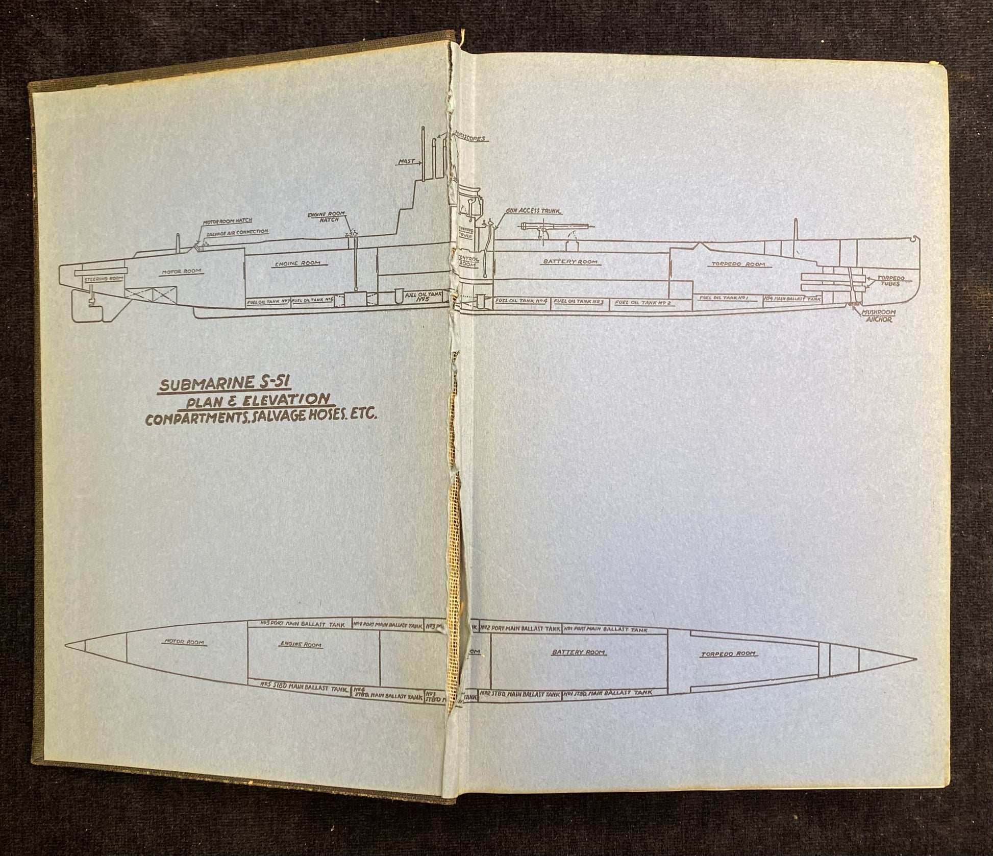 Open book with technical drawings of a submarine on a dark background