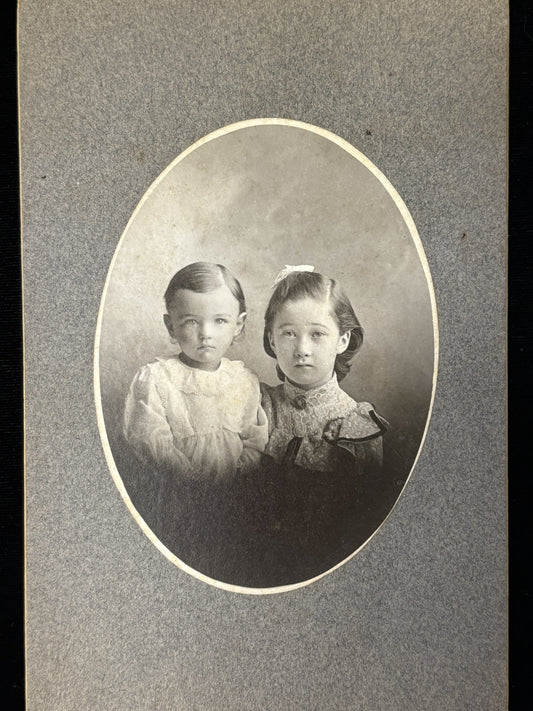 1890s Siblings Portrait Photograph - Oval Cabinet Card Picture - Very Pensive Children