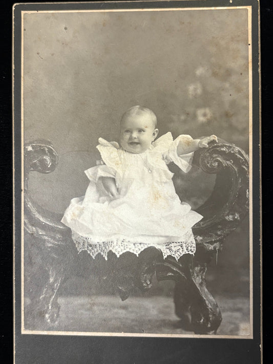 1880-1890 Smiling Baby Photo Cabinet Card - Rare Imprint on Back - 1880s-1890s Black and White Photograph