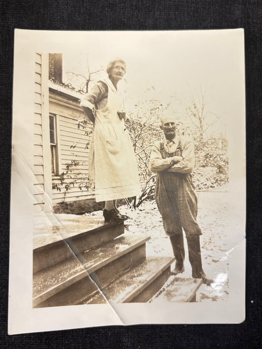 Elderly Dutch Grandparents On Steps, 1920s West Michigan Farmers from Netherlands - Real Photo
