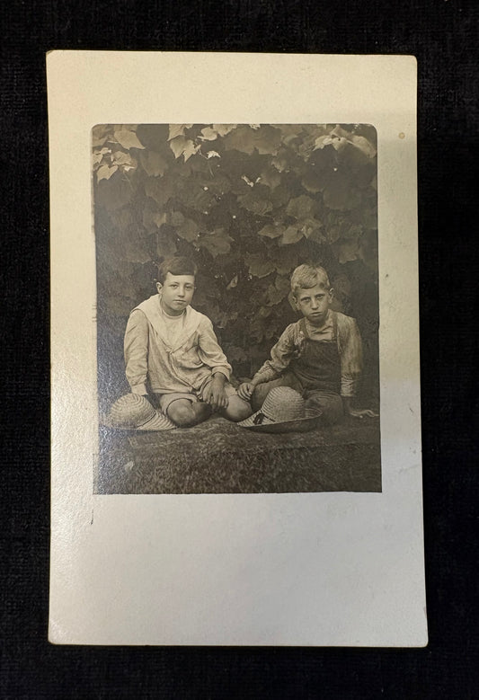 Young Boys in Play Clothes in Front of Ivy Covered Wall - 20th Century RPPC - 1907-1918 Post Card