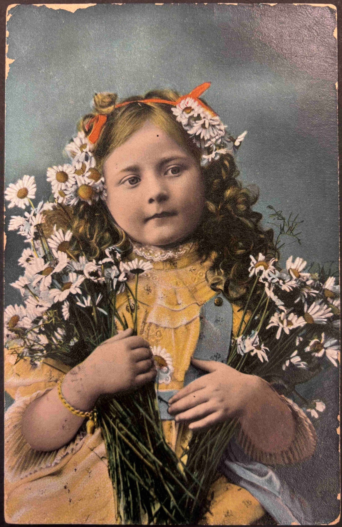 1910 Little Victorian Girl Portrait With Daisies In Her Curly Hair - Vintage Postcard