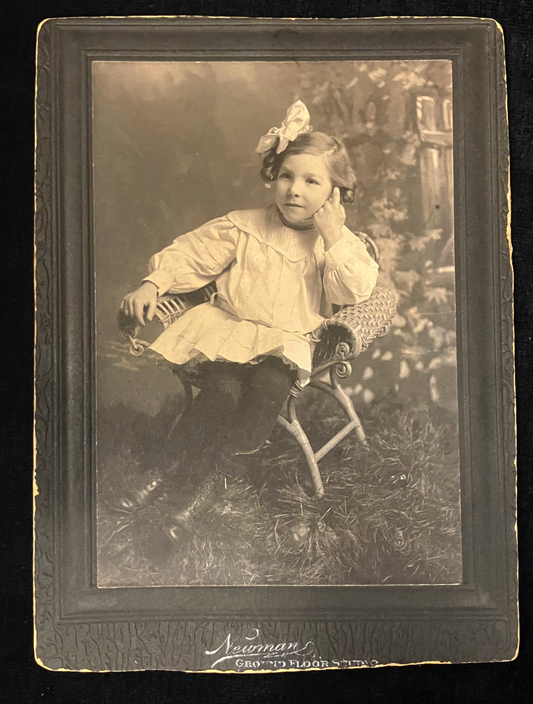 Young Girl in a Wicker Chair 1890- 1910 Cabinet Card - Vintage Outdoor Photo Props and Fashionable Dress -Newman Studio Philadelphia