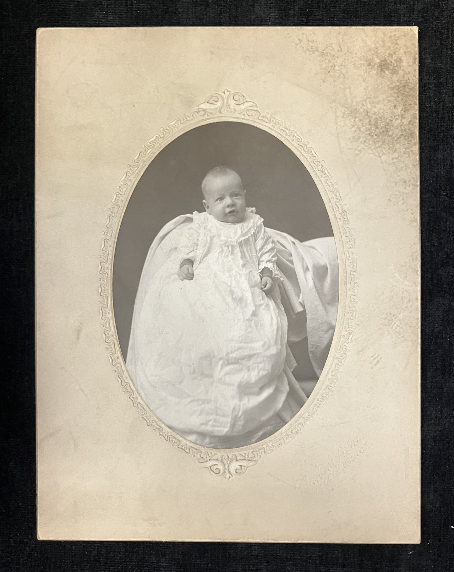 1880s-1890s Oval framed Baby Photo - Large Embossed Cabinet Card - Sepia tone Photography