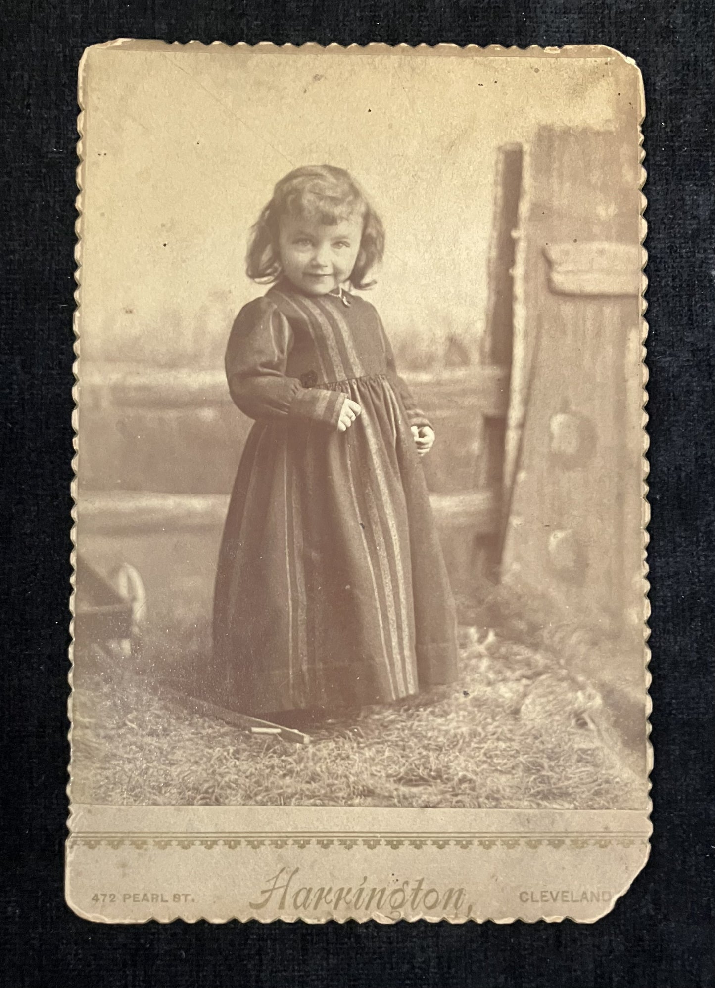 1880s Photo of Dutch American Farm Girl - Scalloped Gilt Edge Cabinet Card - Harrington Studio Cleveland Ohio - Sepia tone Pastoral Background