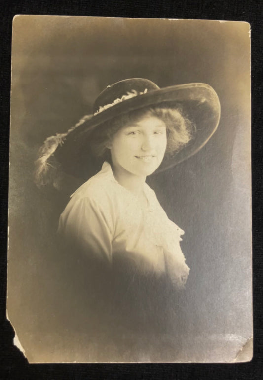 Early 1900's Woman in a Large Velvet Hat with Feathers - 20th Century Hat Couture  Fashion and Hair