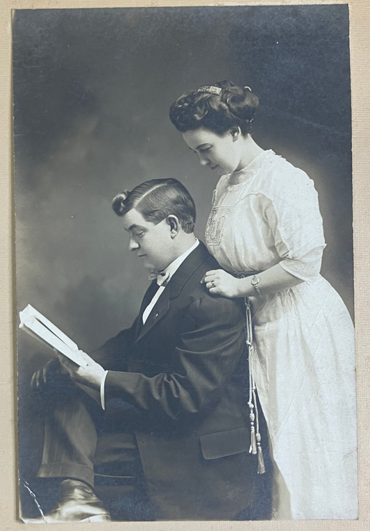 Unusual Engagement Photo 1910 - Ornate Victorian Summer Dress and Vintage Hair Styles - R. D. Bayley Photo -  Flirtatious Bride