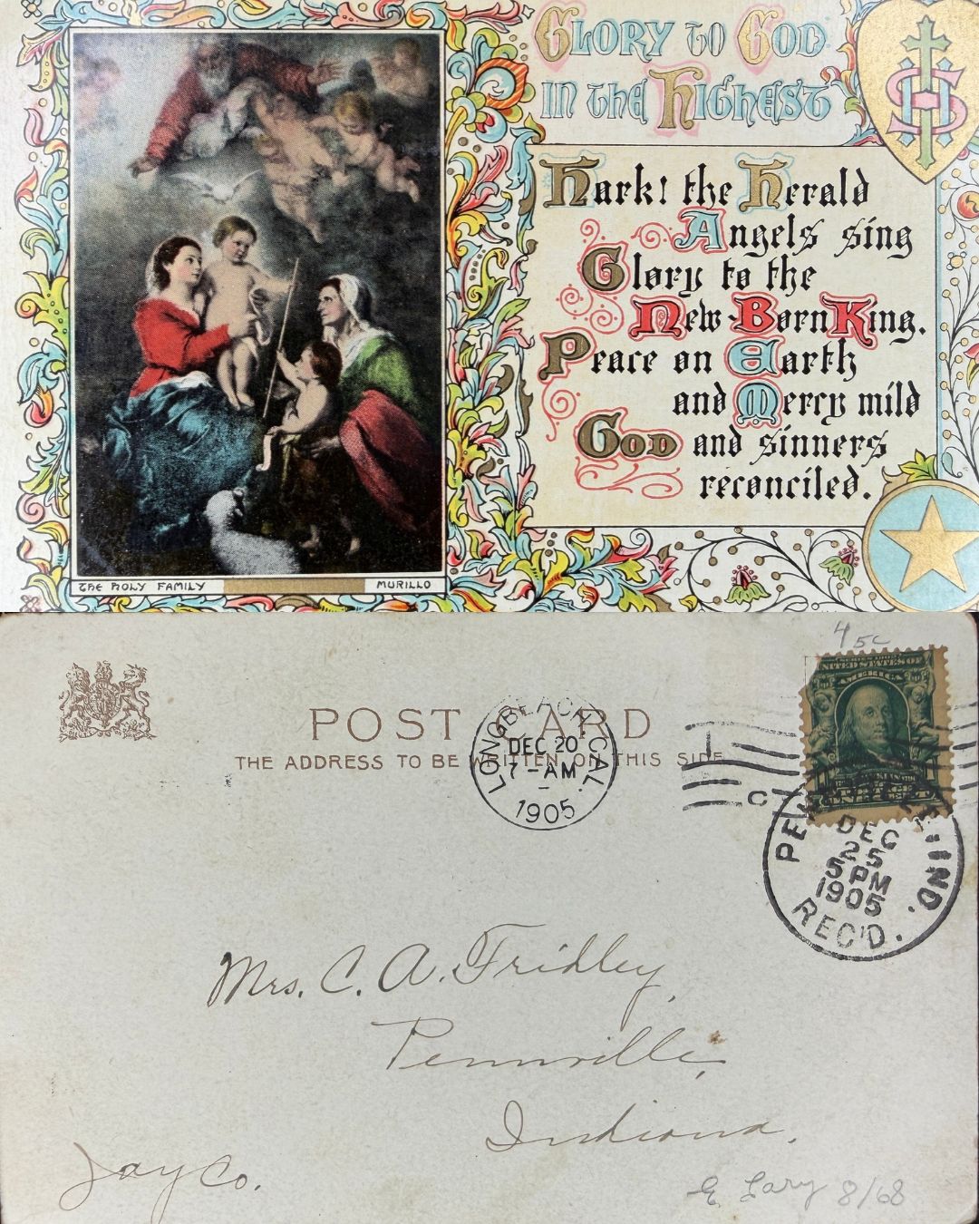 1905 Holy Family on Christmas with God and Angels Above - Vintage Postcard