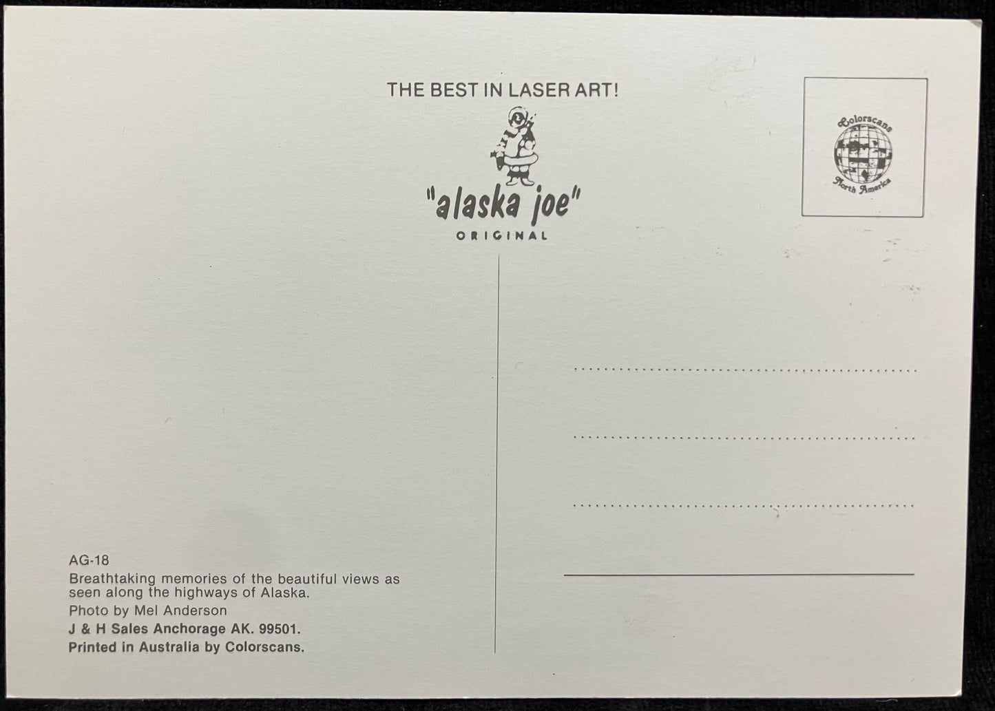 Front: Alaska - Scenic WonderBack: Breathtaking memories of the beautiful views as seen the along the highways of Alaska. Unmailed: Condition: Excellent Publisher: J. H. SalesColor print