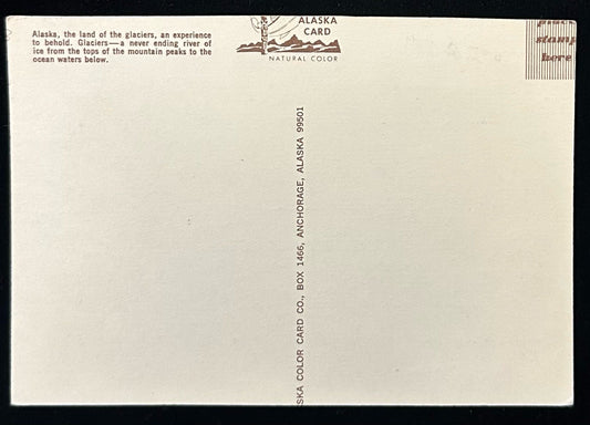Alaska, the land of the GlaciersBack Information: Alaska, the land of the Glaciers - An experience to behold. Glaciers-a never ending river of ice form the tops of the mountain peaks to the ocean water below.Condition: Great1960'sUnmailedPhotograph Color CardPublisher: Alaska Color Card Co.