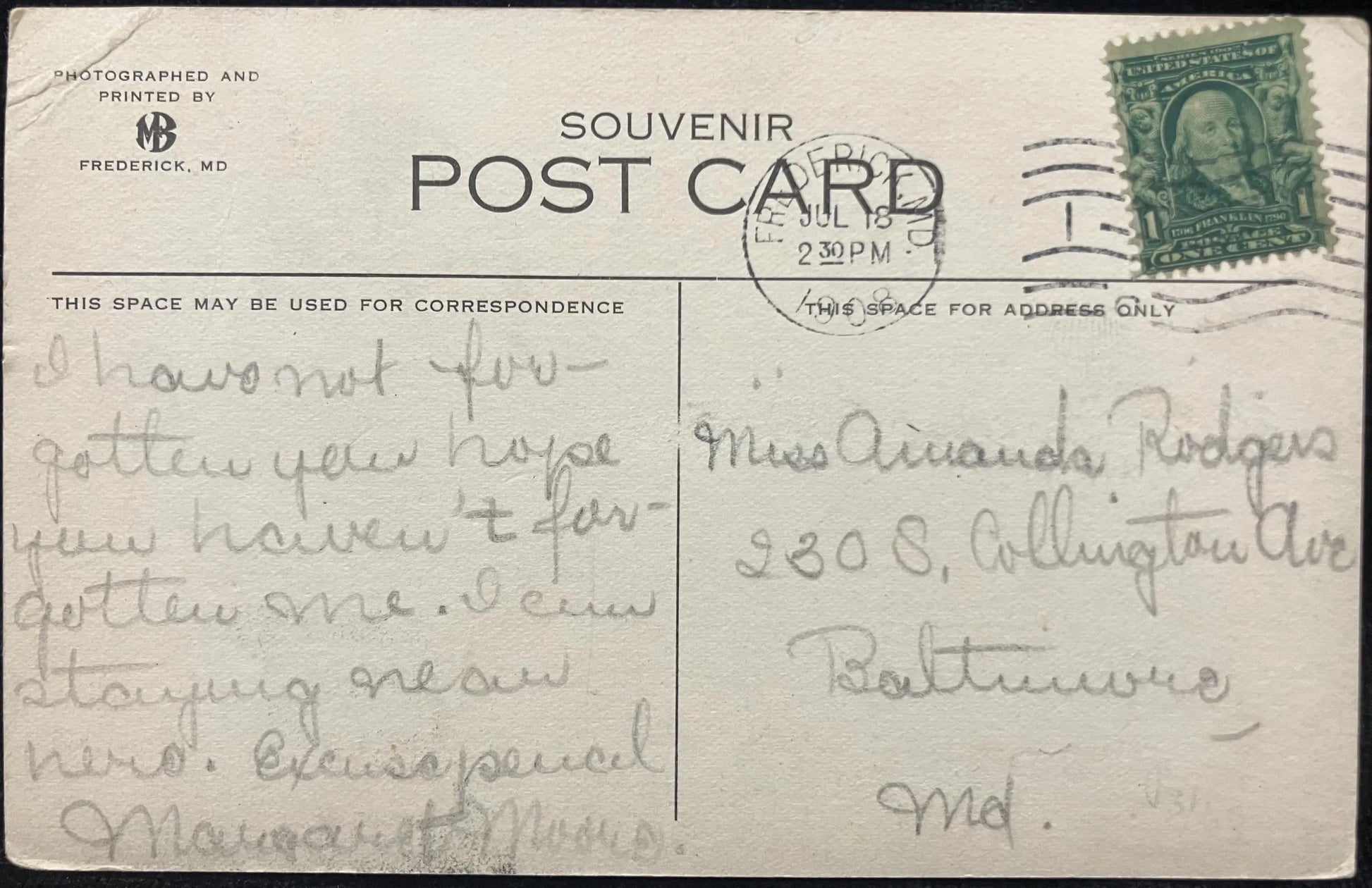 All Saints Protestant Episcopal Church, Frederick, Maryland - Vintage Church Postcard
back
