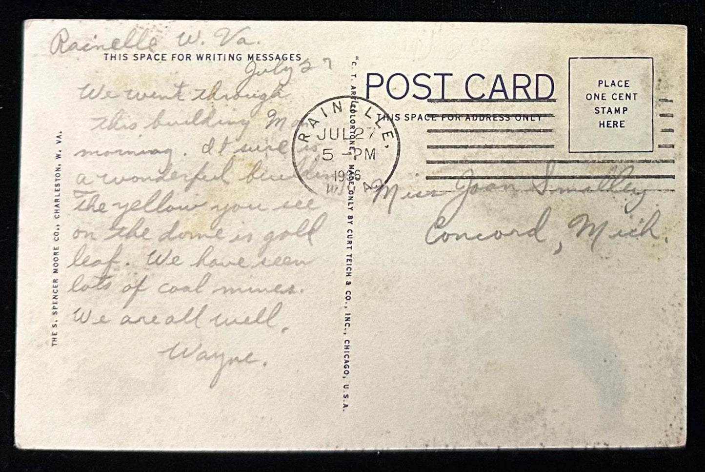 back of postcard with postmark and message/address in pencil but no stamp