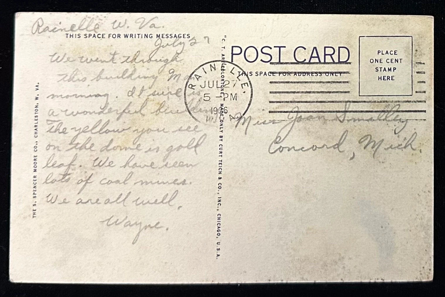 back of postcard with postmark and message/address in pencil but no stamp