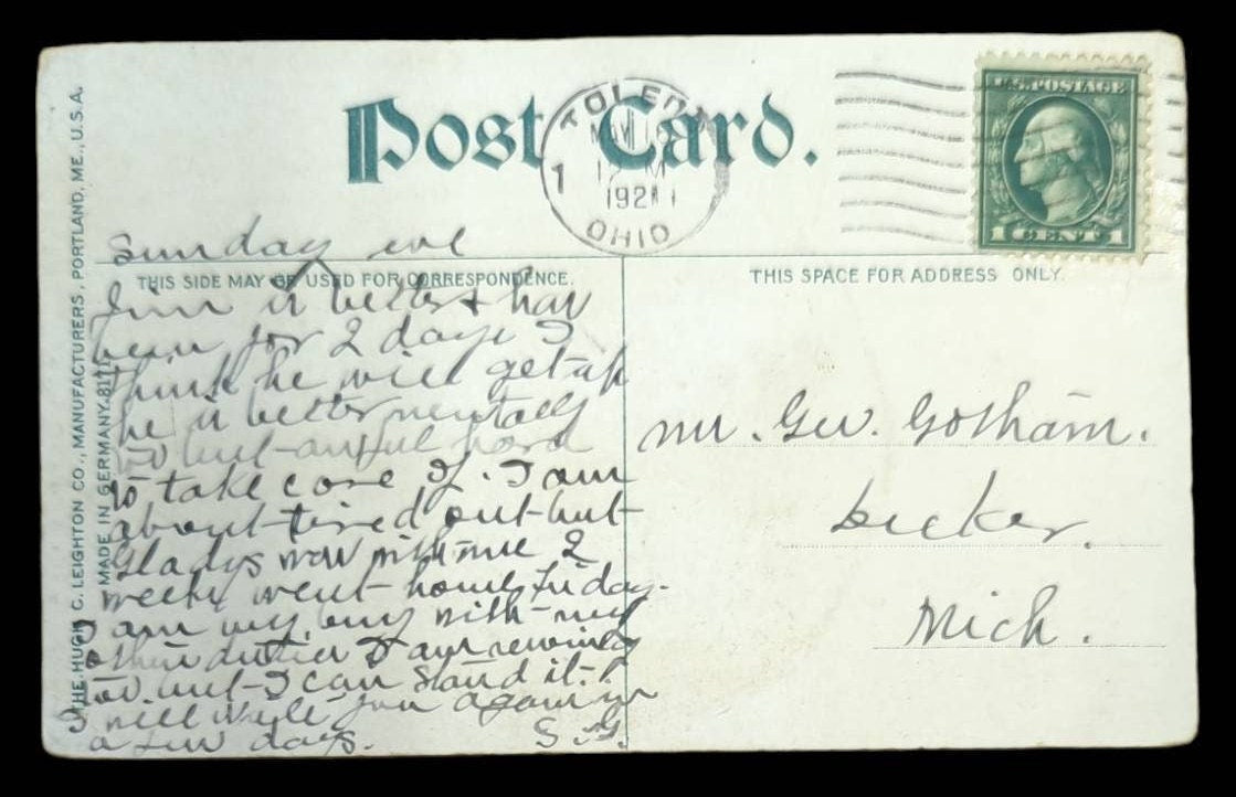 back of postcard with message and address in pen and green one-cent stamp. postmark is 1921 Ohio.